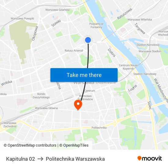 Kapitulna to Politechnika Warszawska map