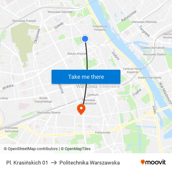 Pl. Krasińskich 01 to Politechnika Warszawska map