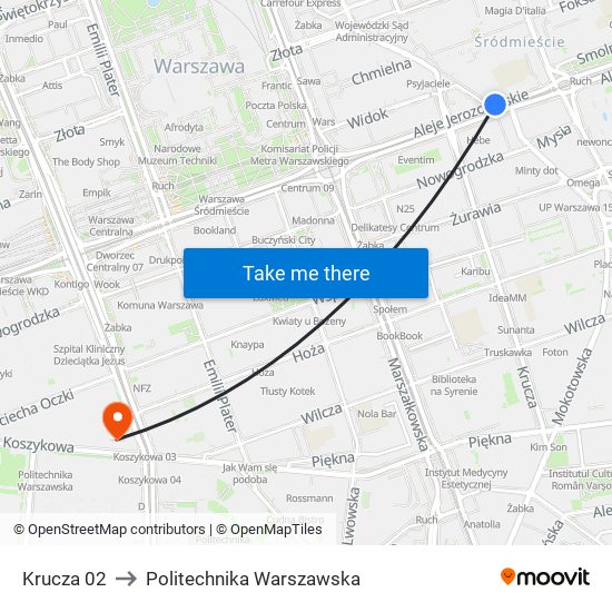 Krucza 02 to Politechnika Warszawska map