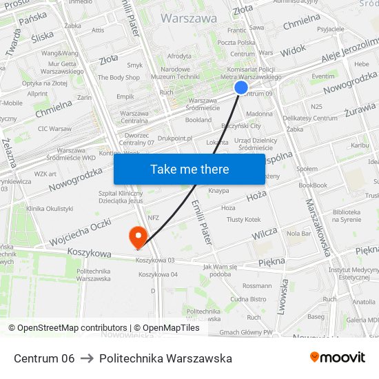 Centrum to Politechnika Warszawska map