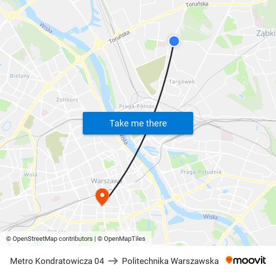 Metro Kondratowicza to Politechnika Warszawska map