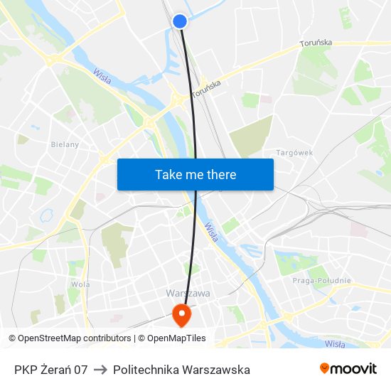 PKP Żerań to Politechnika Warszawska map