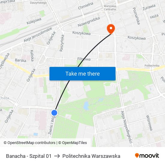 Banacha-Szpital to Politechnika Warszawska map