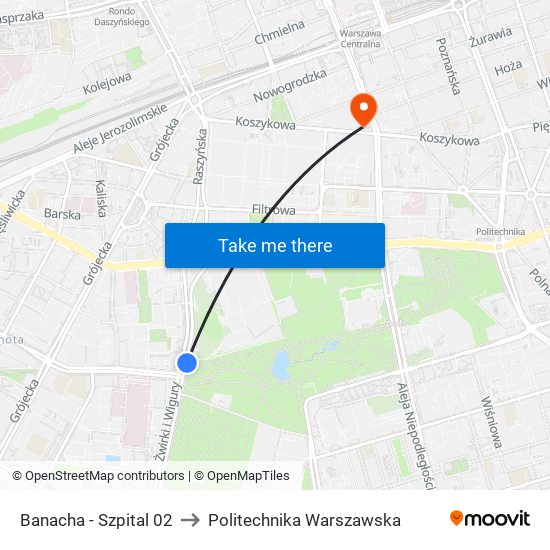 Banacha - Szpital 02 to Politechnika Warszawska map