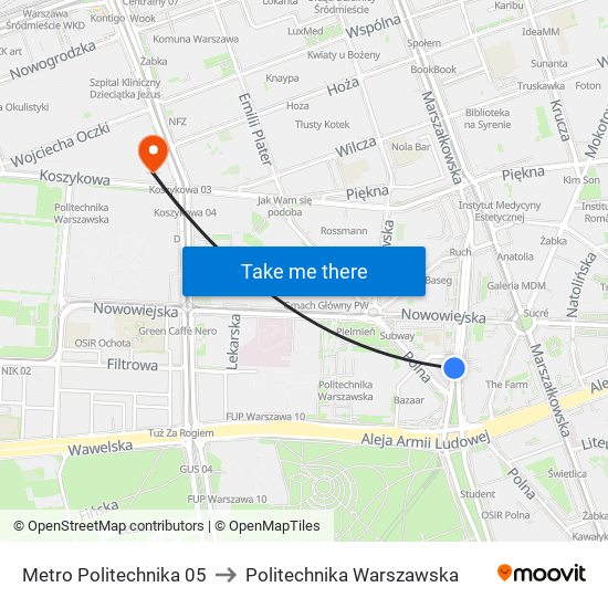 Metro Politechnika to Politechnika Warszawska map