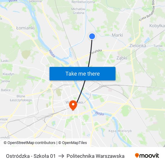 Ostródzka - Szkoła 01 to Politechnika Warszawska map