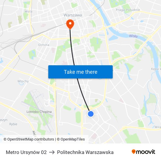 Metro Ursynów 02 to Politechnika Warszawska map