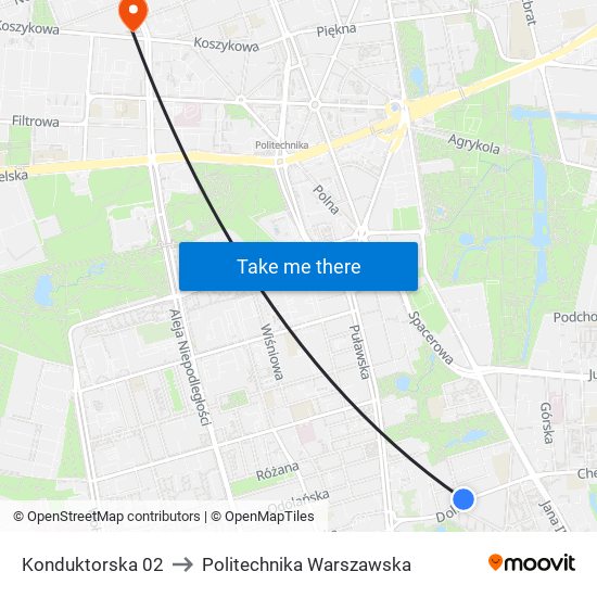 Konduktorska 02 to Politechnika Warszawska map