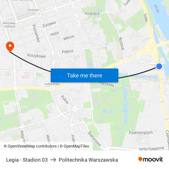 Legia - Stadion 03 to Politechnika Warszawska map