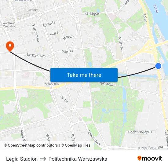 Legia - Stadion to Politechnika Warszawska map