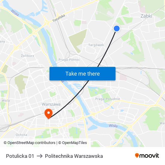 Potulicka 01 to Politechnika Warszawska map