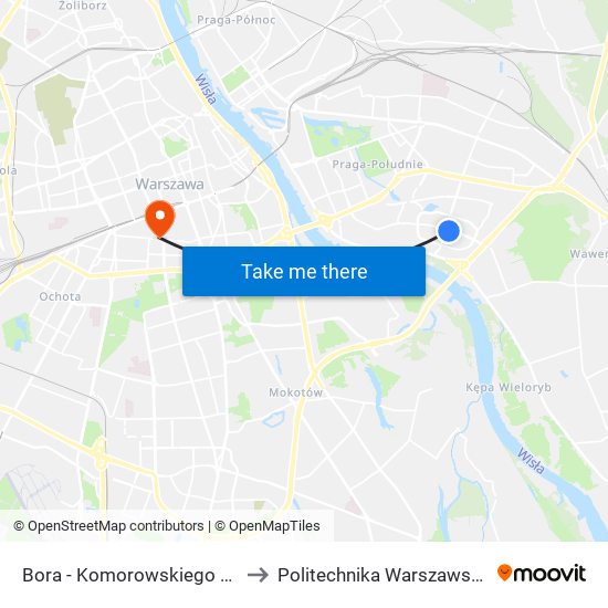 Bora - Komorowskiego 01 to Politechnika Warszawska map