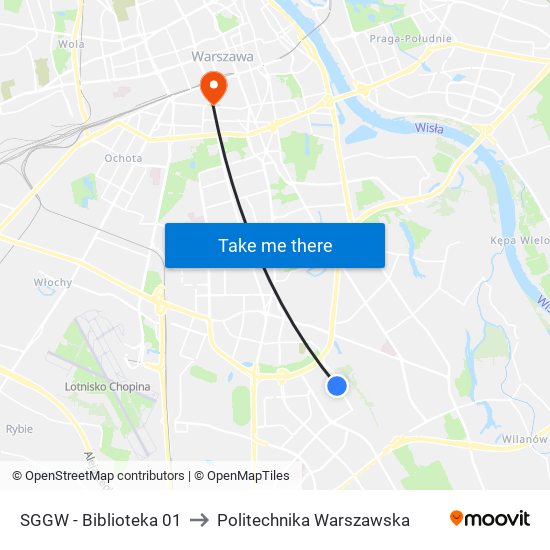 SGGW - Biblioteka 01 to Politechnika Warszawska map