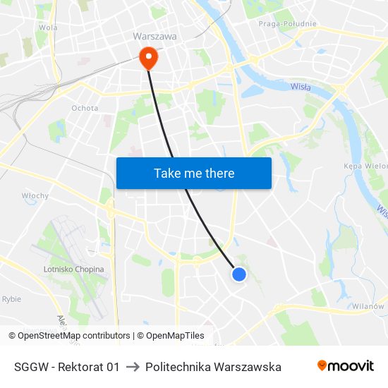 SGGW - Rektorat 01 to Politechnika Warszawska map