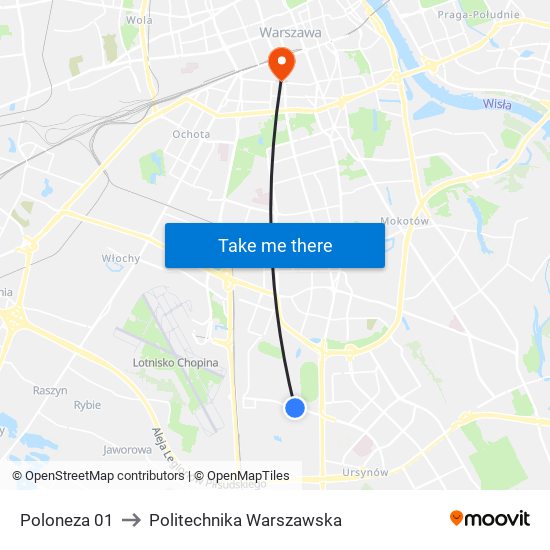 Poloneza to Politechnika Warszawska map