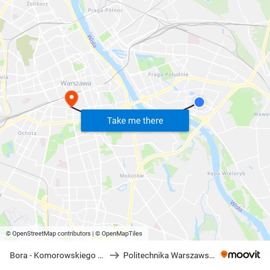 Bora - Komorowskiego 04 to Politechnika Warszawska map