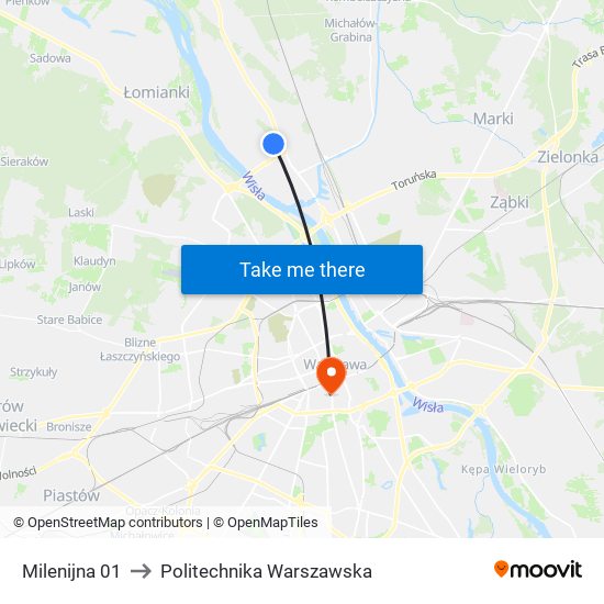 Milenijna 01 to Politechnika Warszawska map