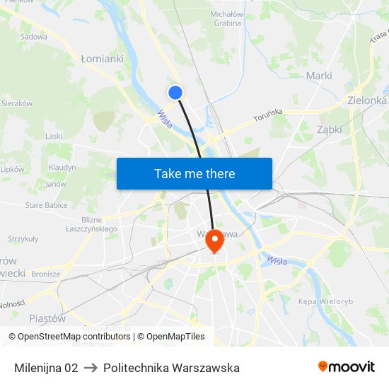 Milenijna 02 to Politechnika Warszawska map