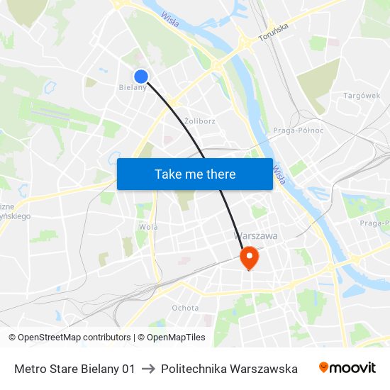 Metro Stare Bielany 01 to Politechnika Warszawska map