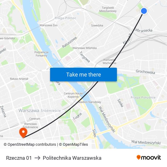 Rzeczna to Politechnika Warszawska map