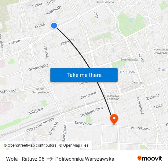 Wola - Ratusz 06 to Politechnika Warszawska map