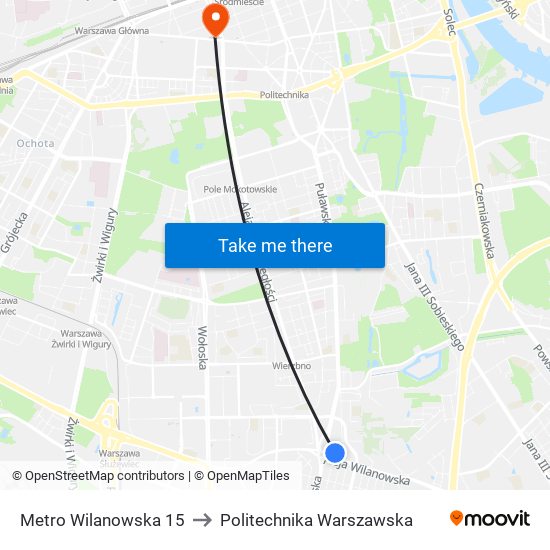 Metro Wilanowska to Politechnika Warszawska map