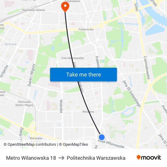 Metro Wilanowska 18 to Politechnika Warszawska map