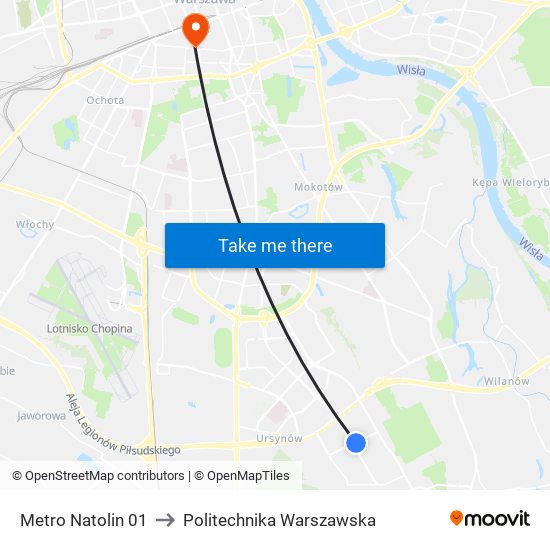 Metro Natolin to Politechnika Warszawska map