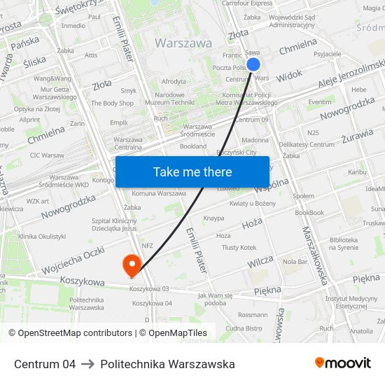 Centrum to Politechnika Warszawska map