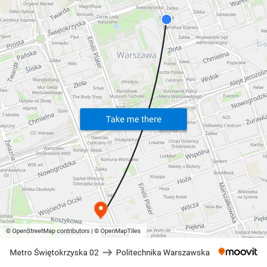 Metro Świętokrzyska to Politechnika Warszawska map