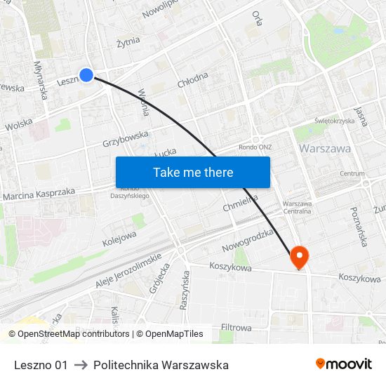 Leszno 01 to Politechnika Warszawska map