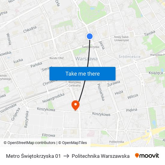 Metro Świętokrzyska to Politechnika Warszawska map