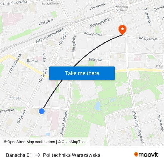 Banacha 01 to Politechnika Warszawska map