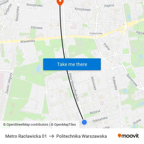 Metro Racławicka 01 to Politechnika Warszawska map