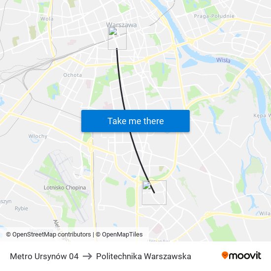 Metro Ursynów to Politechnika Warszawska map