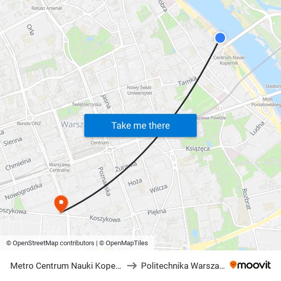 Metro Centrum Nauki Kopernik 02 to Politechnika Warszawska map