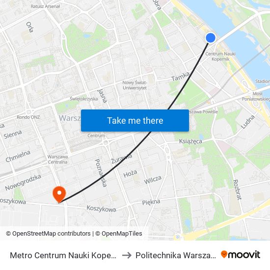 Metro Centrum Nauki Kopernik to Politechnika Warszawska map