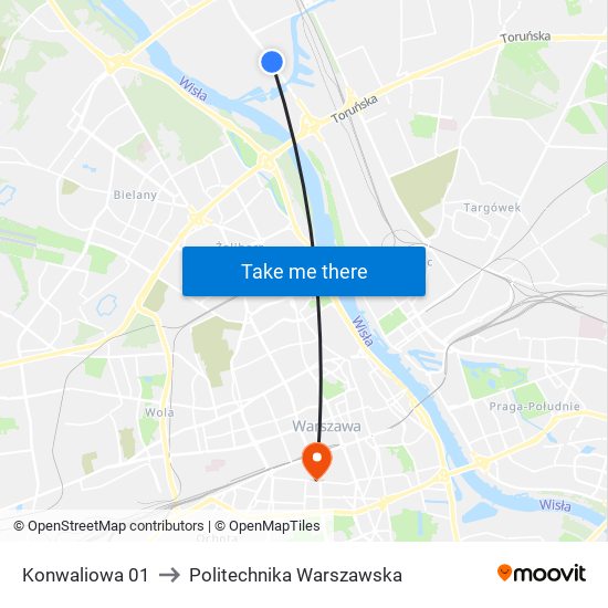 Konwaliowa 01 to Politechnika Warszawska map