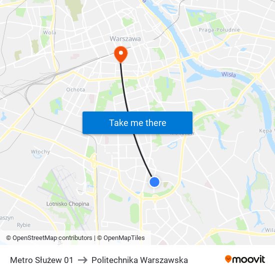 Metro Służew to Politechnika Warszawska map