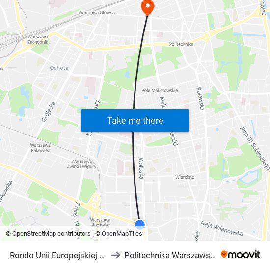 Rondo Unii Europejskiej to Politechnika Warszawska map