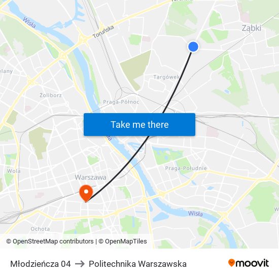 Młodzieńcza 04 to Politechnika Warszawska map