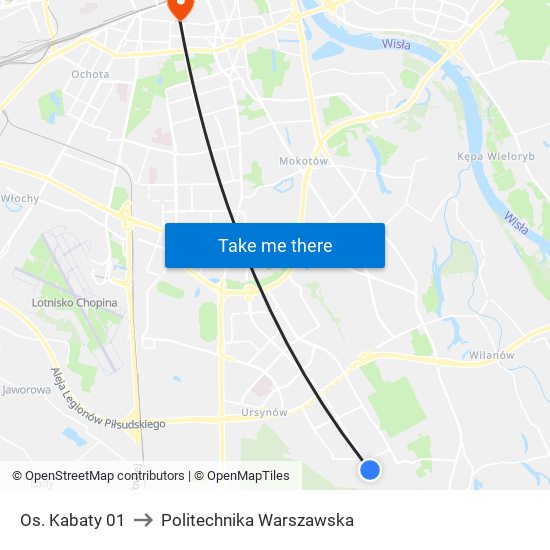 Os. Kabaty 01 to Politechnika Warszawska map