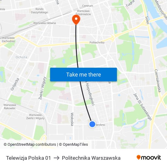 Telewizja Polska to Politechnika Warszawska map