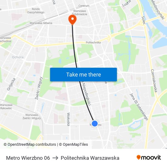 Metro Wierzbno 06 to Politechnika Warszawska map