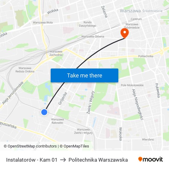 Instalatorów - Kam 01 to Politechnika Warszawska map