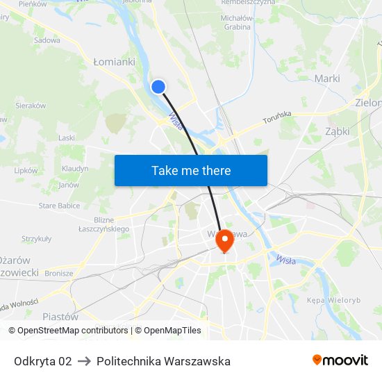 Odkryta 02 to Politechnika Warszawska map