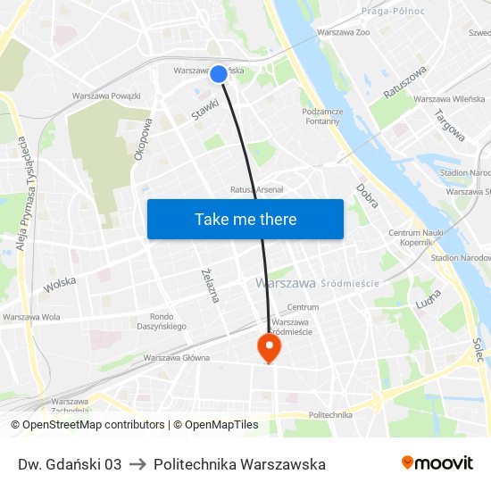 Dw. Gdański to Politechnika Warszawska map