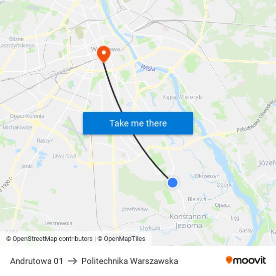 Andrutowa to Politechnika Warszawska map