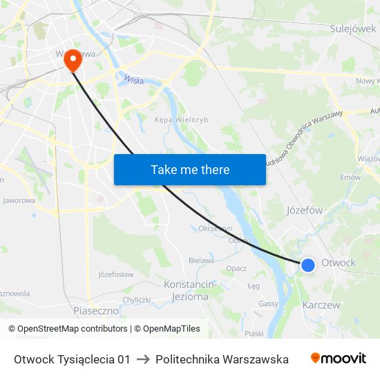 Otwock Tysiąclecia 01 to Politechnika Warszawska map