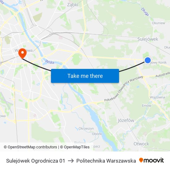 Sulejówek Ogrodnicza to Politechnika Warszawska map